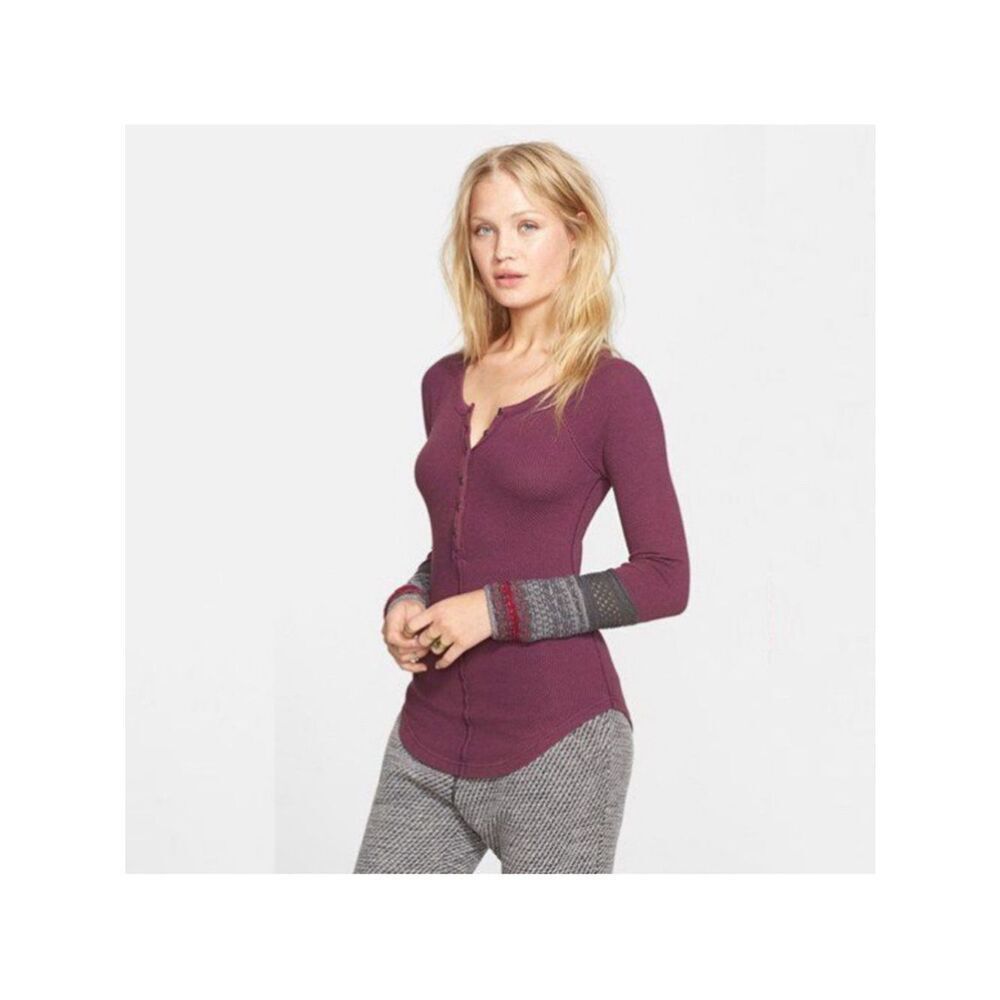 Free People Ski Lodge Thermal Henley Purple Top Women’s Size L